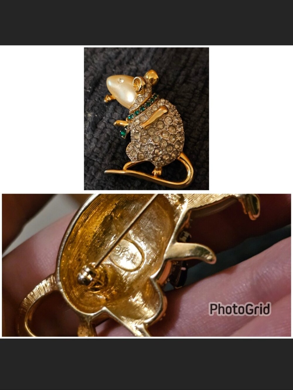 KJL vintage mouse brooch. Marked KJL on the back. No missing stones. Green dangl